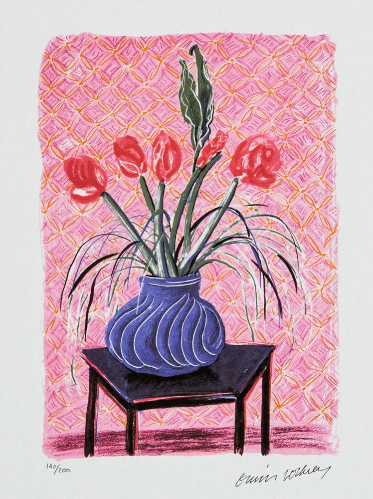 David Hockney "Amaryllis in Vase": David Hockney (after) "Amaryllis in Vase" limited edition of 200, lithography print, plate signed bottom right, numbered with pencil bottom left 140/200, heavy cotton paper, with embossing stamp "SPAD
