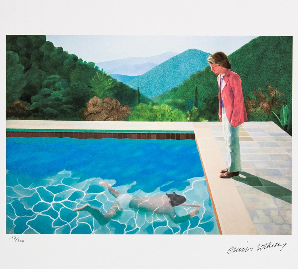 David Hockney "Portrait of an Artist": David Hockney (after) "Portrait of an Artist" limited edition of 200, lithography print, plate signed bottom right, numbered with pencil bottom left 188/200, heavy cotton paper, with embossing stamp "