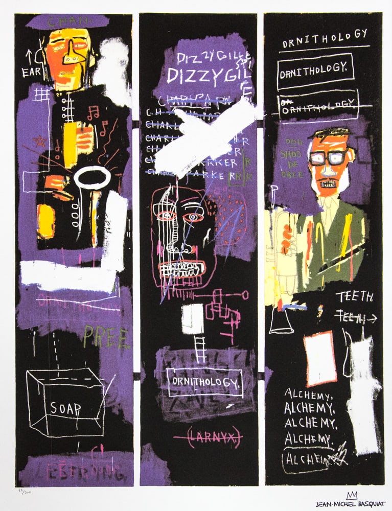 Jean-Michel Basquiat "Horn Players": Jean-Michel Basquiat (after) "Horn Players" lithography print, sheet size 50 x 70 cm, plate signed bottom right, numbered bottom left with pencil, limited edition 87/300, bottom right publishing house