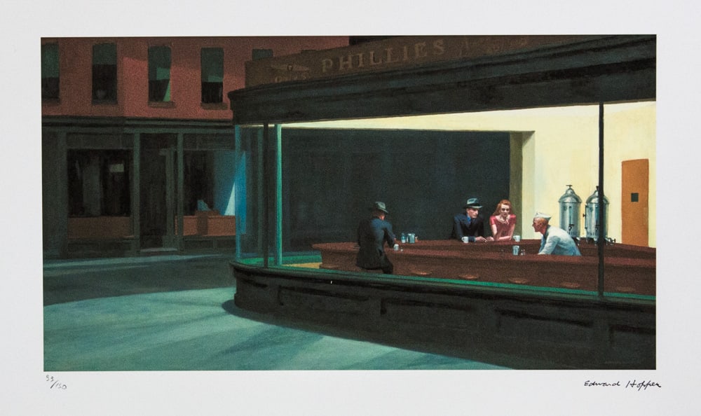 Edward Hopper "Nighthawks": Edward Hopper (after) "Nighthawks" lithography print, signed bottom right, numbered with pencil bottom left, limited edition 99/150, bottom left embossing stamp "Georges Israel Editeur", cotton paper
