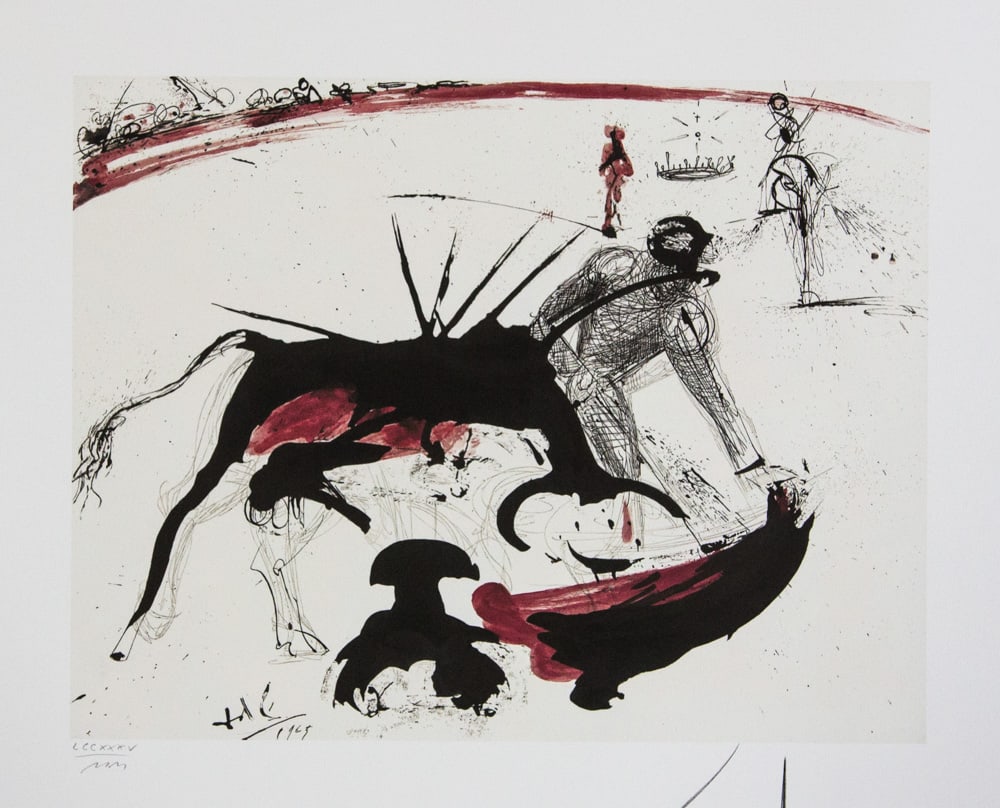 Salvador Dali "Bullfight": Salvador Dali (after) "Bullfight" offset lithography, sheet size 50 x 65 cm, signed bottom right, pencil "Dali", numbered with pencil bottom left LCCXXXV/MM, limited edition 2000, heavy paper with wat