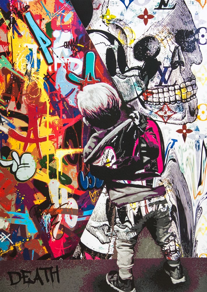 DEATH NYC SIGNED FINE ART PRINT W/COA: DEATH NYC Signed Fine Art Print, DEATH NYC is a New York City-based street artist. Her pseudonym is an acronym for "Don't Easily Abandon the Hope". Print is blind stamped, comes with Certificate of Au