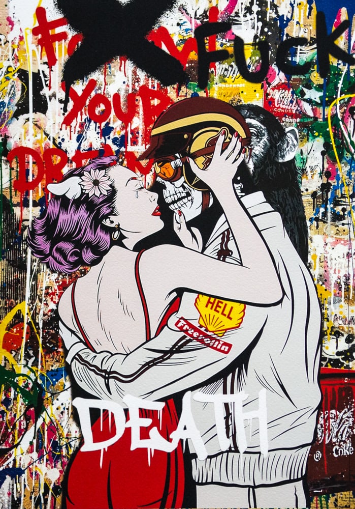 DEATH NYC SIGNED FINE ART PRINT W/COA: DEATH NYC Signed Fine Art Print, DEATH NYC is a New York City-based street artist. Her pseudonym is an acronym for "Don't Easily Abandon the Hope". Print is blind stamped, comes with Certificate of Au