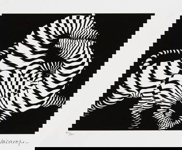 Victor Vasarely "Zebra": Victor Vasarely (after) "Zebra" limited edition of 500, lithography print, plate signed bottom right, numbered with pencil bottom left 450/500, heavy cotton paper, with embossing stamp "SPADEM, Paris"