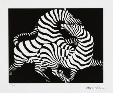 Victor Vasarely "Zebra": Victor Vasarely (after) "Zebra" limited edition of 500, lithography print, plate signed bottom right, numbered with pencil bottom left 450/500, heavy cotton paper, with embossing stamp "SPADEM,