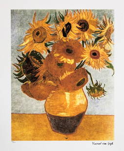 Vincent van Gogh "Sunflowers": Vincent van Gogh (after) "Sunflowers" lithography print, sheet size 50 x 70 cm, plate signed bottom right, numbered with pencil bottom left, limited edition 105/250, with embossing stamp "SPADEM, Pari