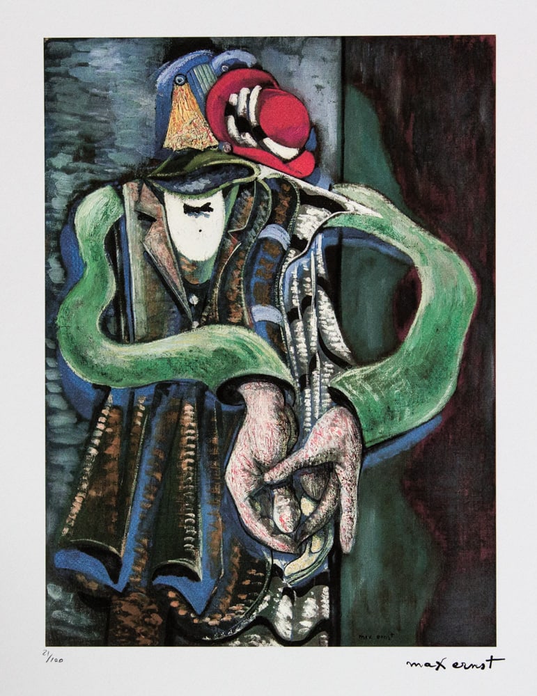 Max Ernst "The Couple": Max Ernst (after) "The Couple" lithography print, sheet size 50 x 70 cm, plate signed bottom right, numbered with pencil bottom left, limited edition 21/100, bottom left publishing house stamp "SPADEM