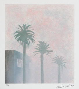 David Hockney "Mist": David Hockney (after) "Mist" limited edition of 200, lithography print, plate signed bottom right, numbered with pencil bottom left 42/200, heavy cotton paper, with embossing stamp "SPADEM, Paris", sh