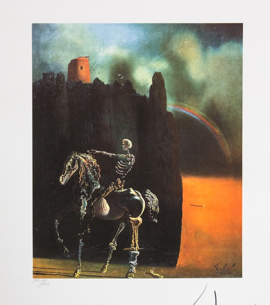 Salvador Dali "The Horseman of Death": Salvador Dali (after) "The Horseman of Death" offset lithography, sheet size 50 x 65 cm, signed bottom right, pencil "Dali", numbered with pencil bottom left MLXX/MM, limited edition 2000, heavy paper