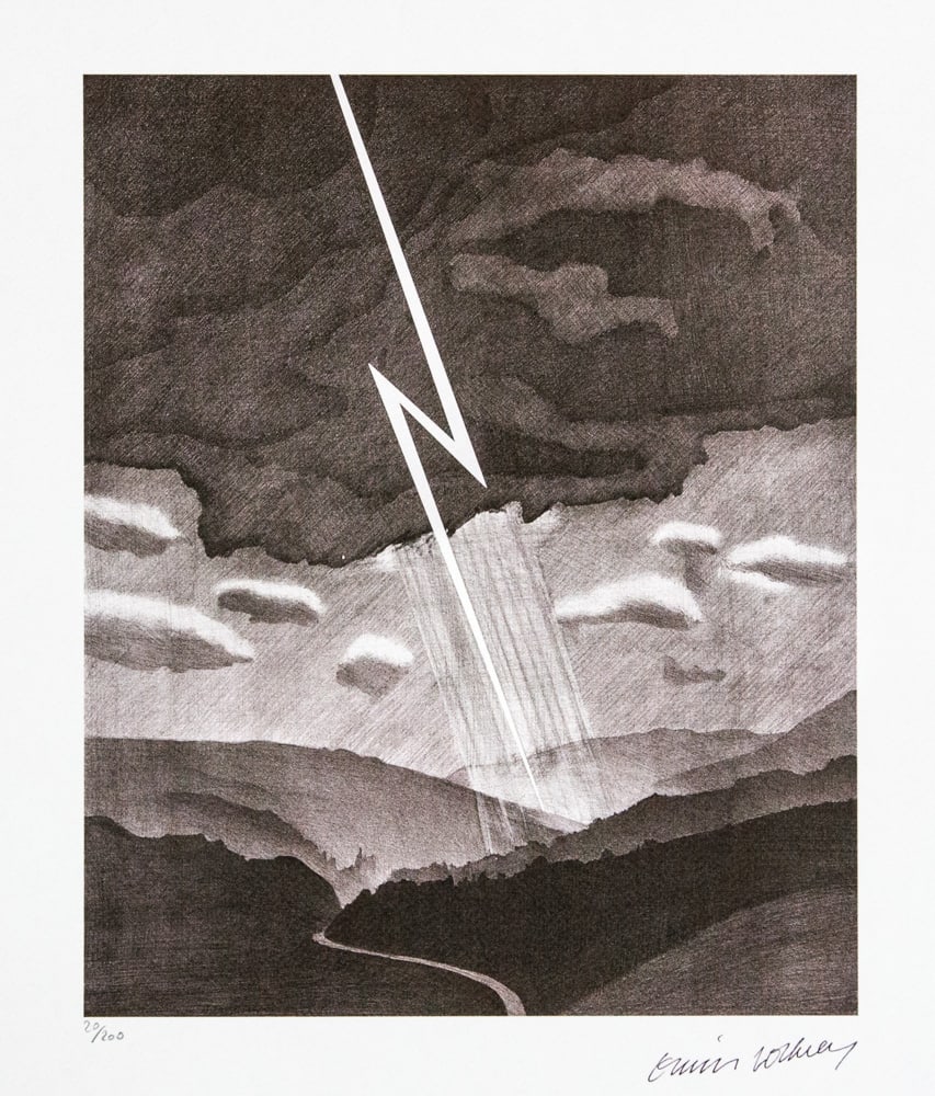 David Hockney "Lightning": David Hockney (after) "Lightning" limited edition of 200, lithography print, plate signed bottom right, numbered with pencil bottom left 20/200, heavy cotton paper, with embossing stamp "SPADEM, Paris