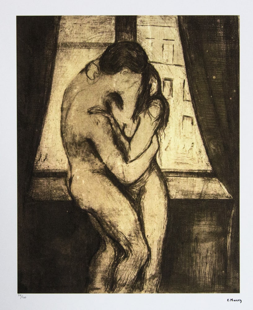 Edvard Munch "The Kiss": Edvard Munch (after) „The Kiss” limited edition of 200, lithography print, plate signed bottom right, numbered with pencil bottom left 76/200, fine art paper, with La TREC Spa embossing, sheet