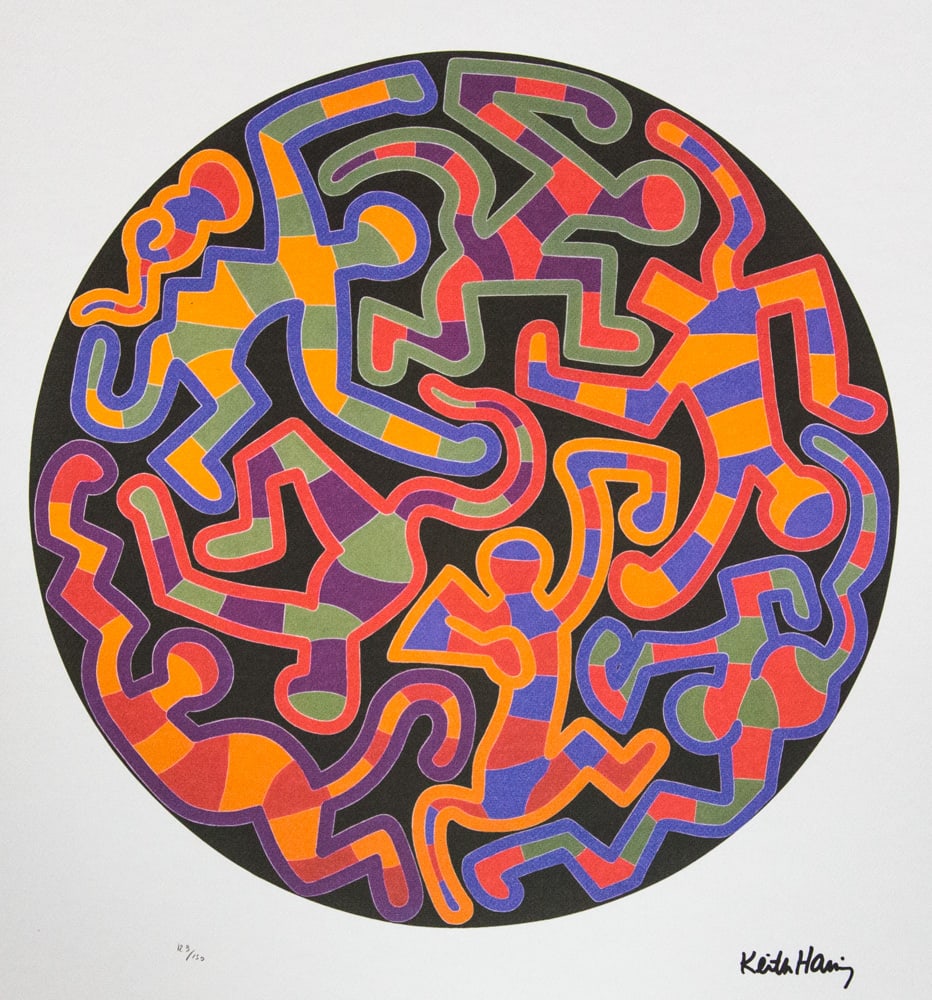 Keith Haring "Monkey Puzzle": Keith Haring (after) "Monkey Puzzle" offset lithography, limited edition of 150, sheet size 50 x 70 cm, plate signed bottom right, numbered with pencil bottom left 129/150, cotton paper, Keith Haring