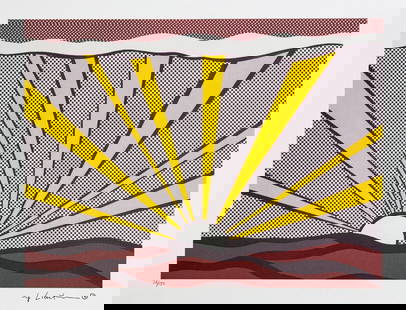 Roy Lichtenstein „Sunrise": Roy Lichtenstein (after) „Sunrise" limited edition of 150, lithography print, plate signed bottom right, numbered with pencil bottom left 36/150, heavy paper, with „STYRIA Studio” embossing,
