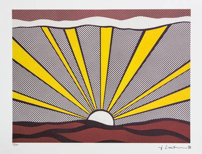 Roy Lichtenstein „Sunrise": Roy Lichtenstein (after) „Sunrise" limited edition of 150, lithography print, plate signed bottom right, numbered with pencil bottom left 36/150, heavy paper, with „STYRIA Studio” embossing,