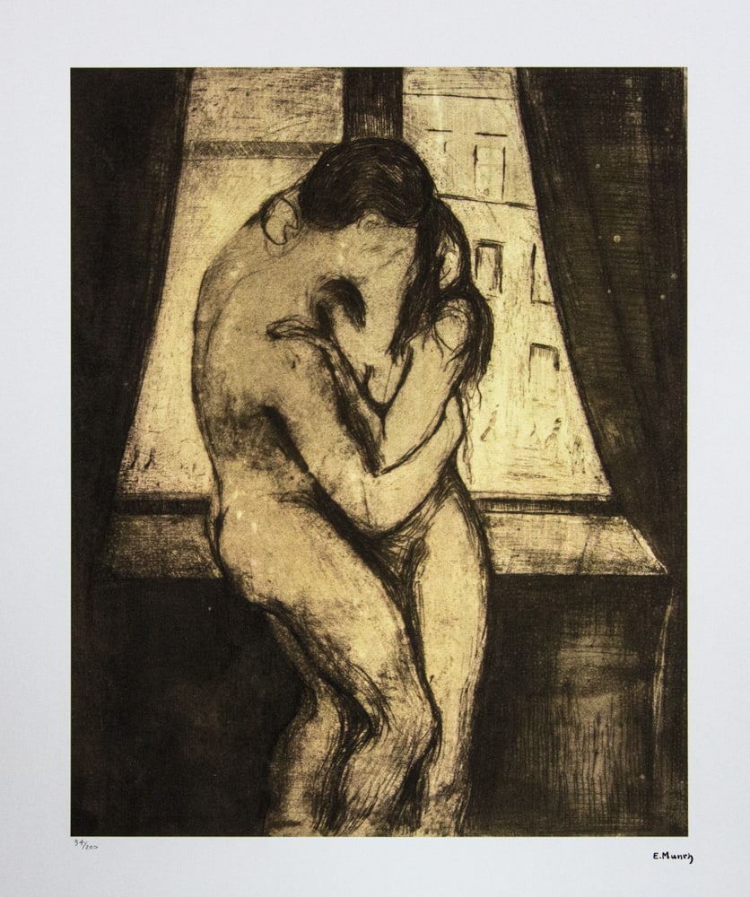 Edvard Munch "The Kiss": Edvard Munch (after) "The Kiss" limited edition of 200, lithography print, plate signed bottom right, numbered with pencil bottom left 94/200, fine art paper, with La TREC Spa embossing, sheet size: 5