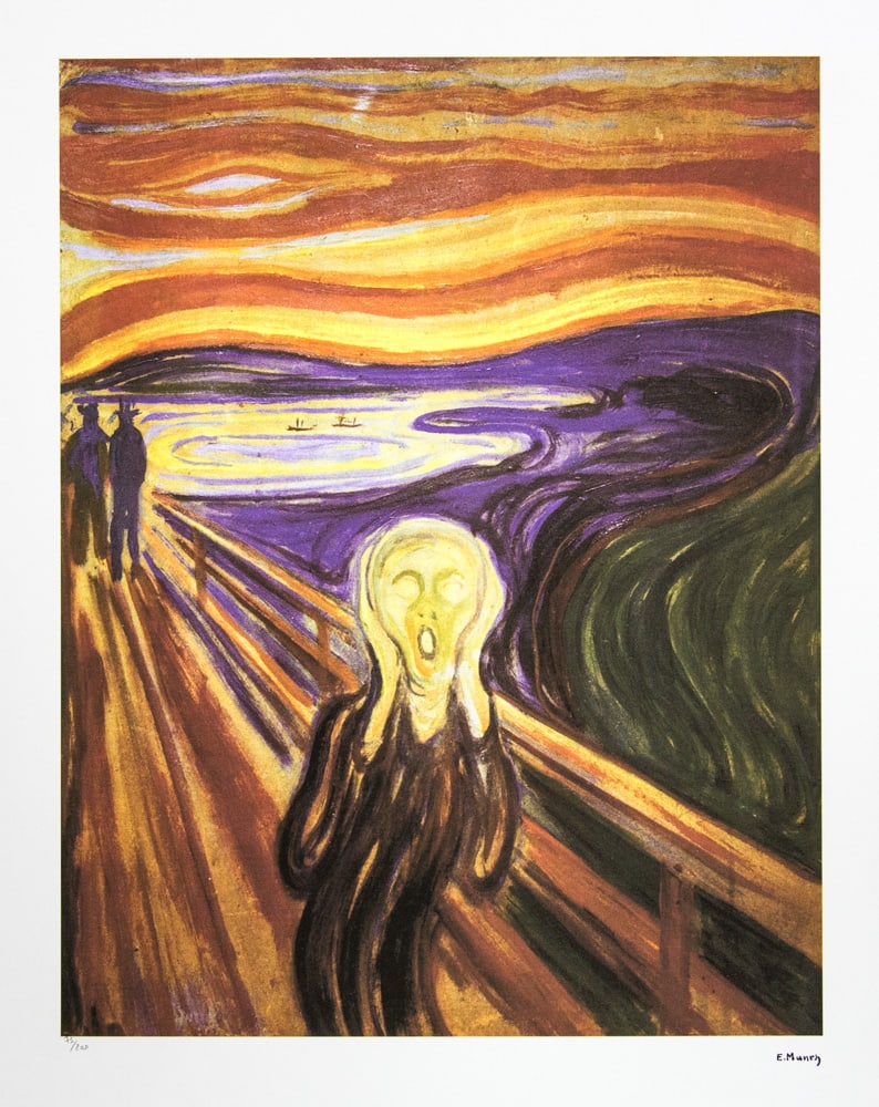 Edvard Munch "The Scream": Edvard Munch (after) "The Scream" limited edition of 200, lithography print, plate signed bottom right, numbered with pencil bottom left 75/200, fine art paper, with La TREC Spa embossing, sheet size:
