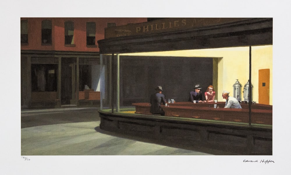 Edward Hopper "Nighthawks": Edward Hopper (after) "Nighthawks" lithography print, signed bottom right, numbered with pencil bottom left, limited edition 140/150, bottom left embossing stamp "Georges Israel Editeur", cotton paper