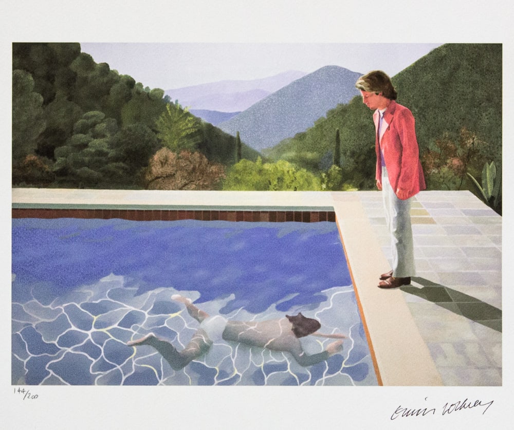 David Hockney "Portrait of an Artist": David Hockney (after) "Portrait of an Artist" limited edition of 200, lithography print, plate signed bottom right, numbered with pencil bottom left 144/200, heavy cotton paper, with embossing stamp "