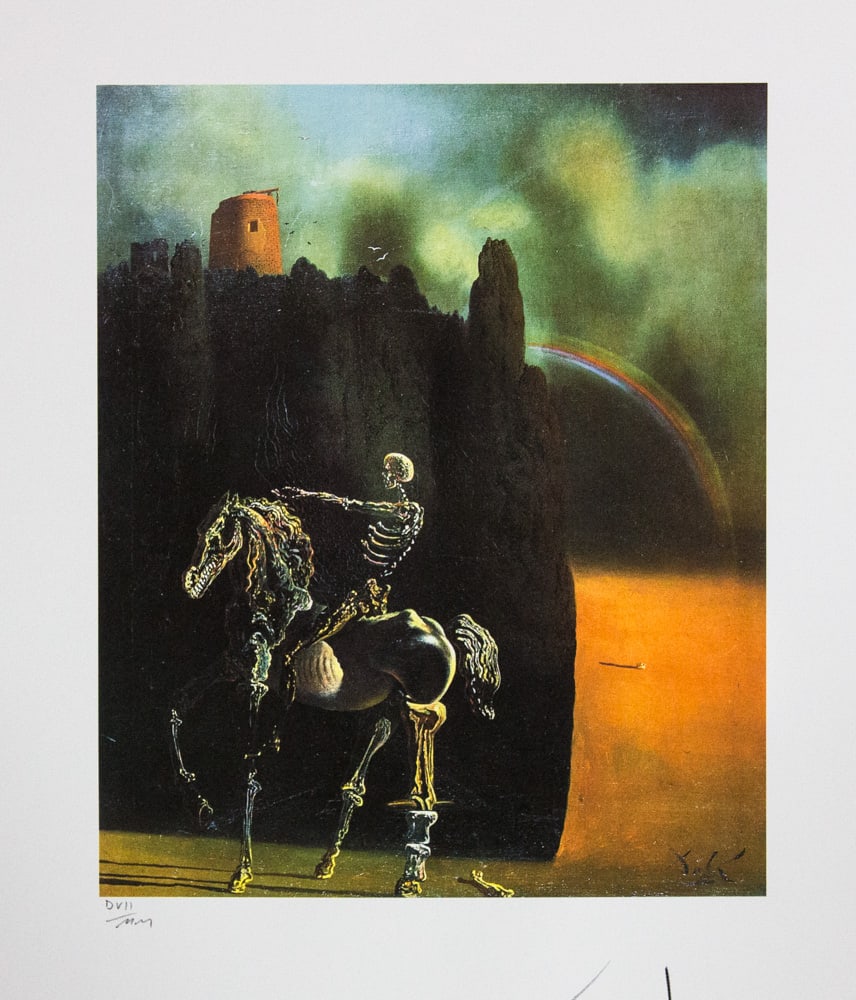 Salvador Dali "The Horseman of Death": Salvador Dali (after) "The Horseman of Death" offset lithography, sheet size 50 x 65 cm, signed bottom right, pencil "Dali", numbered with pencil bottom left DVII/MM, limited edition 2000, heavy paper