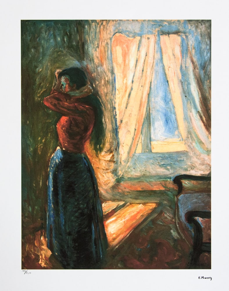 Edvard Munch 'Woman Looking in the Mirror': Edvard Munch (after) 'Woman Looking in the Mirror' limited edition of 200, chromolithography, plate signed bottom right, numbered with pencil bottom left 145/200, fine art paper, with La TREC Spa embo
