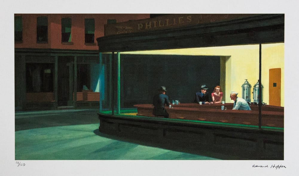 Edward Hopper 'Nighthawks': Edward Hopper (after) 'Nighthawks' limited adition 10/150, lithography print, signed bottom right, numbered with pencil bottom left, bottom left embossing stamp 'Georges Israel Editeur', cotton paper