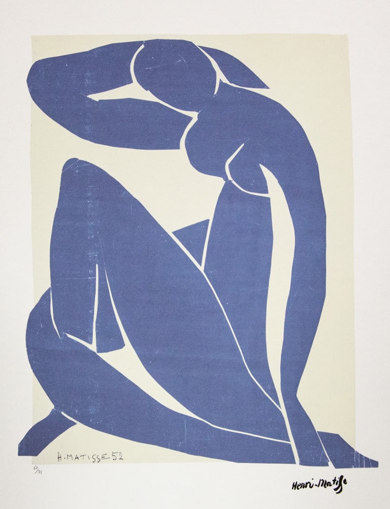 Henri Matisse 'Blue Nude': Henri Matisse (after) 'Blue Nude' offset lithography, limited edition of 75, sheet size 50 x 70 cm, plate signed bottom right, numbered with pencil bottom left 62/75, cotton paper, bottom left embossi