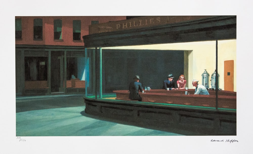 Edward Hopper 'Nighthawks': Edward Hopper (after) 'Nighthawks' limited edition 119/150, lithography print, signed bottom right, numbered with pencil bottom left, bottom left embossing stamp 'Georges Israel Editeur', cotton paper