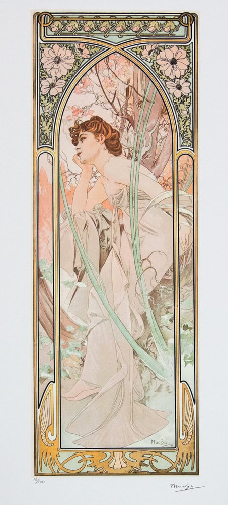 Alphonse Mucha 'Evening Reverie': Alphonse Mucha (after) 'Evening Reverie' lithography print, sheet size 50 x 70 cm, plate signed bottom right, numbered with pencil bottom left, limited edition 16/100, bottom left publishing house sta