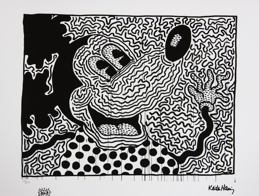 Keith Haring 'Mickey': Keith Haring (after) 'Mickey' offset lithography, limited edition of 150, sheet size 50 x 70 cm, plate signed bottom right, numbered with pencil bottom left 131/150, cotton paper, Keith Haring Foundat