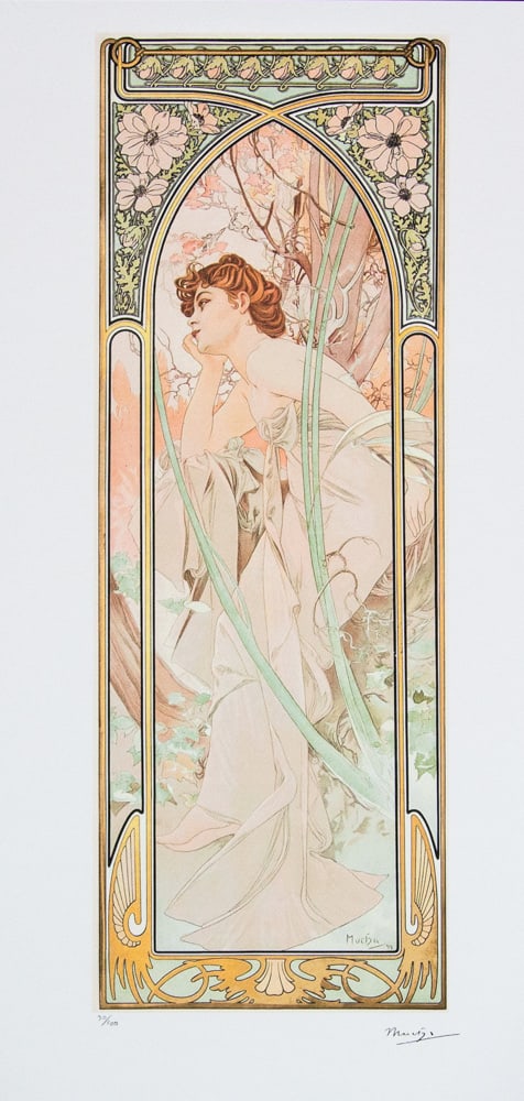 Alphonse Mucha 'Evening Contemplation': Alphonse Mucha (after) 'Evening Contemplation' lithography print, sheet size 50 x 70 cm, plate signed bottom right, numbered with pencil bottom left, limited edition 30/100, bottom left publishing hou