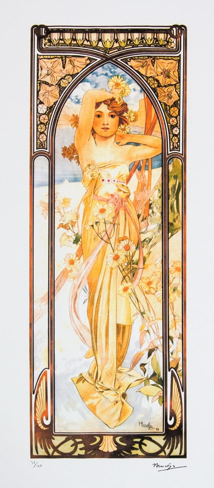 Alphonse Mucha 'Brightness of Day': Alphonse Mucha (after) 'Brightness of Day' lithography print, sheet size 50 x 70 cm, plate signed bottom right, numbered with pencil bottom left, limited edition 32/100, bottom left publishing house s