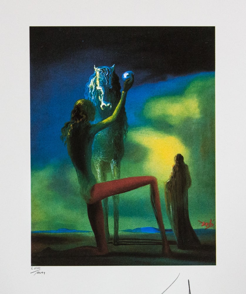 Salvador Dali 'The Knight of Death': Salvador Dali (after) 'The Knight of Death' offset lithography, sheet size 50 x 65 cm, numbered with pencil bottom left LVIII/MM, limited edition 2000, signed bottom right, pencil 'Dali', heavy paper 