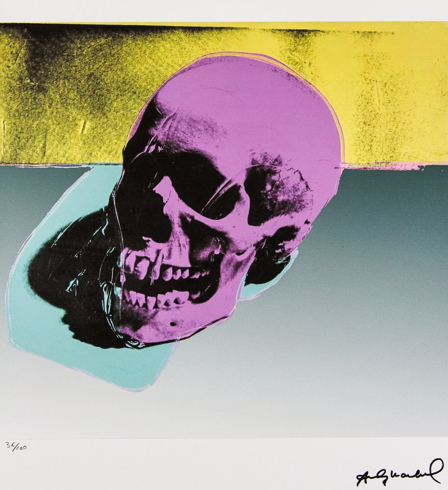 Andy Warhol 'Skull': Andy Warhol (after) 'Skull' offset lithograph in colors on Arches paper, sheet size 38,5 x 57 cm, plate signed bottom right, numbered with pencil, limited edition 36/100 (Leo Castelli, Art Gallery New