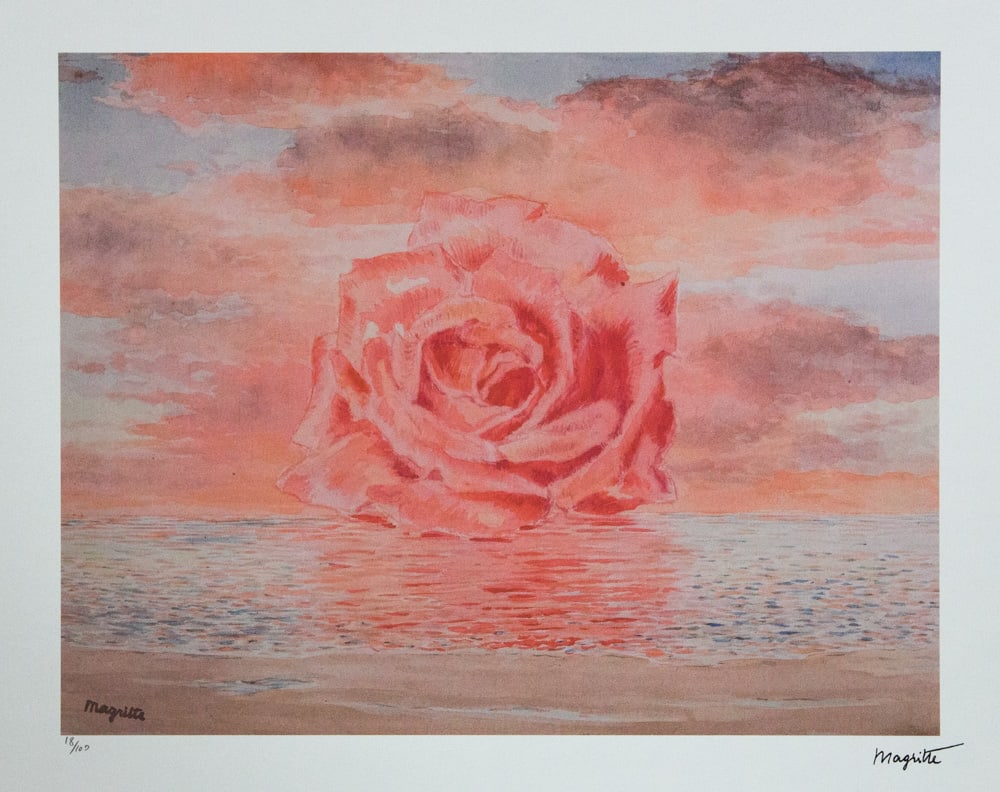 Rene Magritte 'The Invitation to Travel': Rene Magritte (after) 'The Invitation to Travel' lithography print, limited edition of 100, plate signed bottom right, numbered with pencil bottom left 18/100, bottom left publishing house stamp 'SPAD
