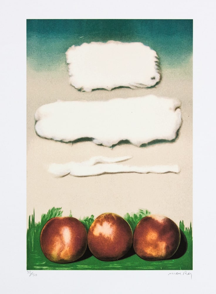 Man Ray 'Peaches': Man Ray (after) 'Peaches' lithography print, signed bottom right, numbered with pencil bottom left, limited edition 98/150, bottom right publishing house stamp 'Leonardo Artis', heavy paper with water