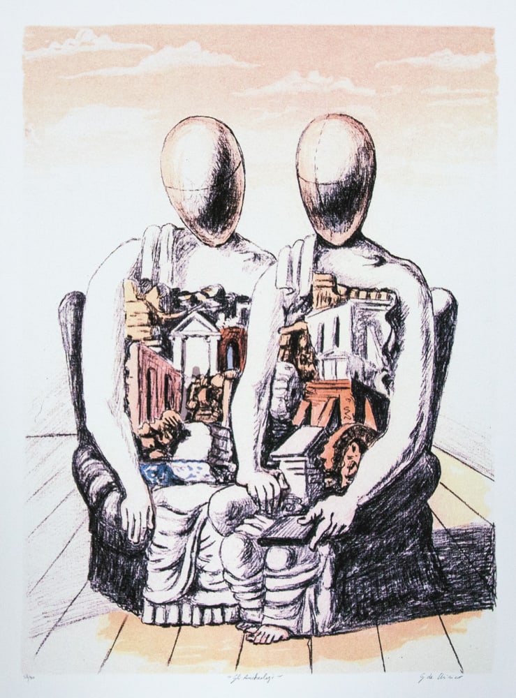 Giorgio De Chirico 'The Archaeologists': Giorgio De Chirico (after) 'The Archaeologists' offset lithograph in colors, cotton paper, sheet size 50 x 70 cm, numbered bottom left with pencil, limited edition 58/90, signed bottom right, pencil '