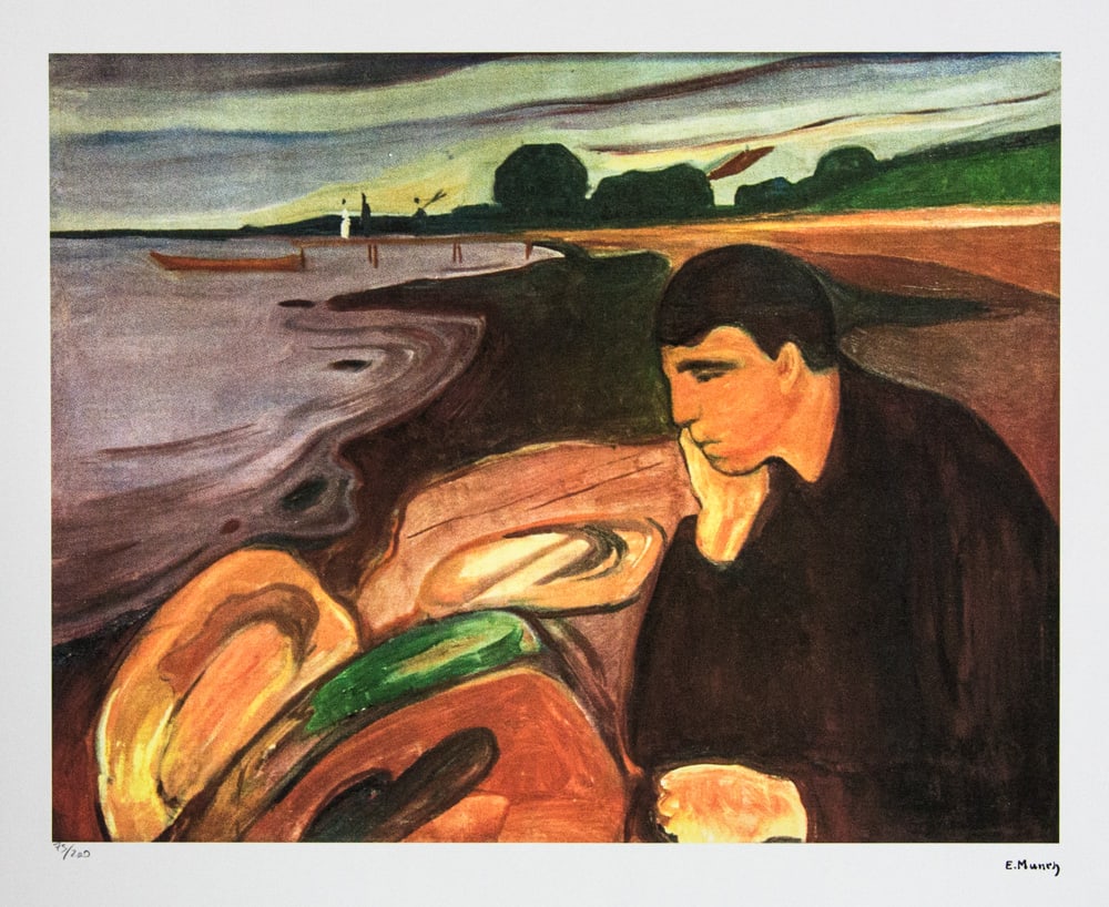 Edvard Munch 'Melancholy': Edvard Munch (after) 'Melancholy' limited edition of 200, lithography print, plate signed bottom right, numbered with pencil bottom left 75/200, fine art paper, with La TREC Spa embossing, sheet size: