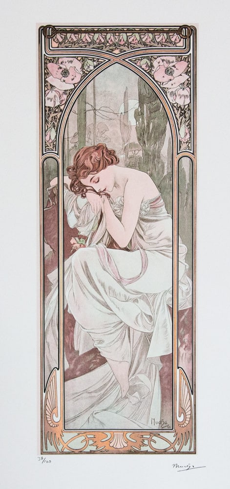 Alphonse Mucha 'Night's Rest': Alphonse Mucha (after) 'Night's Rest' lithography print, sheet size 50 x 70 cm, plate signed bottom right, numbered with pencil bottom left, limited edition 37/100, bottom left publishing house stamp