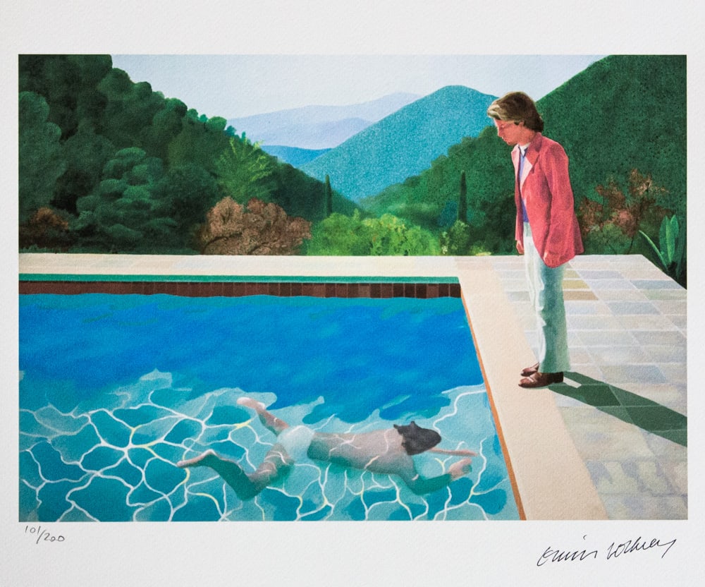 David Hockney 'Portrait of an Artist': David Hockney (after) 'Portrait of an Artist' limited edition of 200, lithography print, plate signed bottom right, numbered with pencil bottom left 101/200, heavy cotton paper, with embossing stamp '