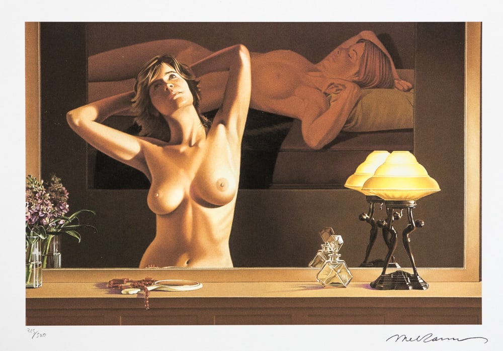 Mel Ramos 'Young Girl before a Mirror': Mel Ramos (after) 'Young Girl before a Mirror' offset lithograph in colors on Arches paper, sheet size 38,5 x 57 cm, plate signed bottom right, numbered with pencil, limited edition 215/500, Georges I