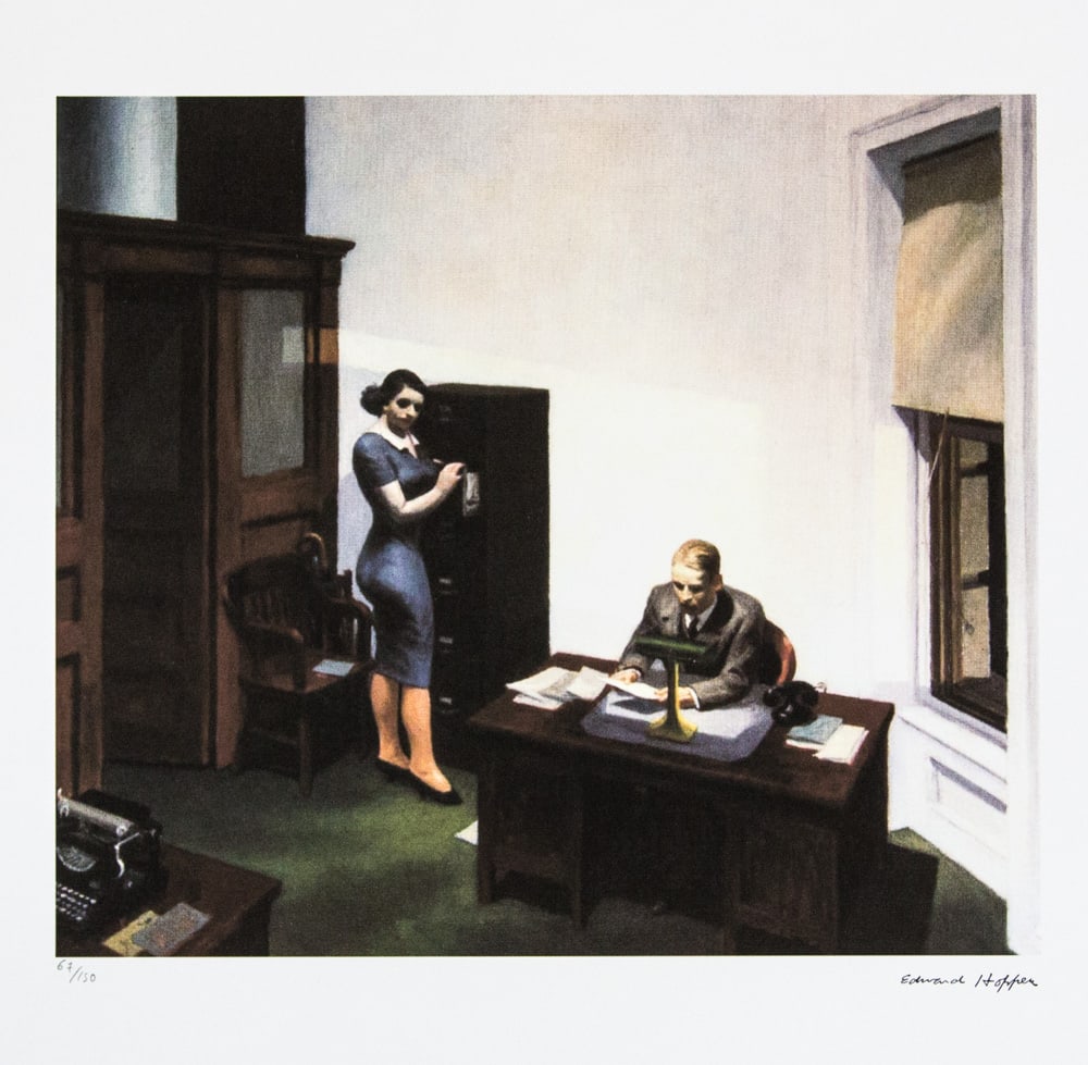 Edward Hopper 'Office at Night': Edward Hopper (after) 'Office at Night' limited edition 67/150, lithography print, plate signed bottom right, numbered with pencil bottom left, bottom left embossing stamp 'Georges Israel Editeur', co