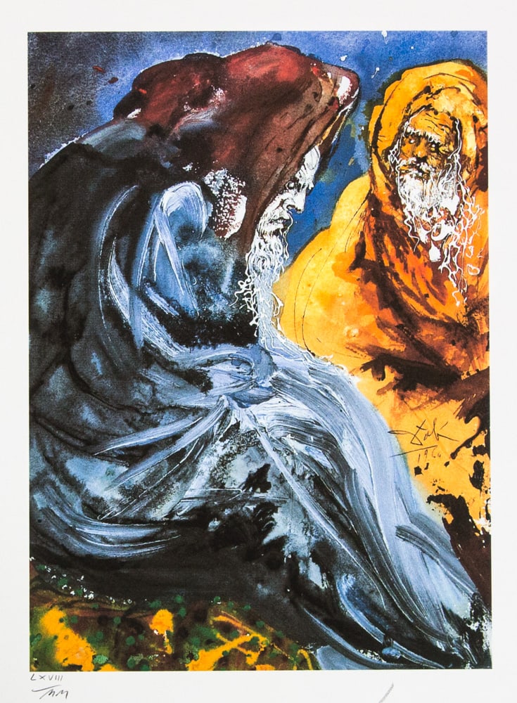 Salvador Dali 'Two Old Men...': Salvador Dali (after) 'Two Old Men with Beards' offset lithography, sheet size 50 x 65 cm, numbered with pencil bottom left LXVIII/MM, limited edition 2000, signed bottom right, pencil 'Dali', heavy p