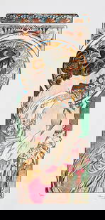 Alphonse Mucha 'Primrose': Alphonse Mucha (after) 'Primrose' lithography print, sheet size 50 x 70 cm, plate signed bottom right, numbered with pencil bottom left, limited edition 21/100, bottom left publishing house stamp 'La