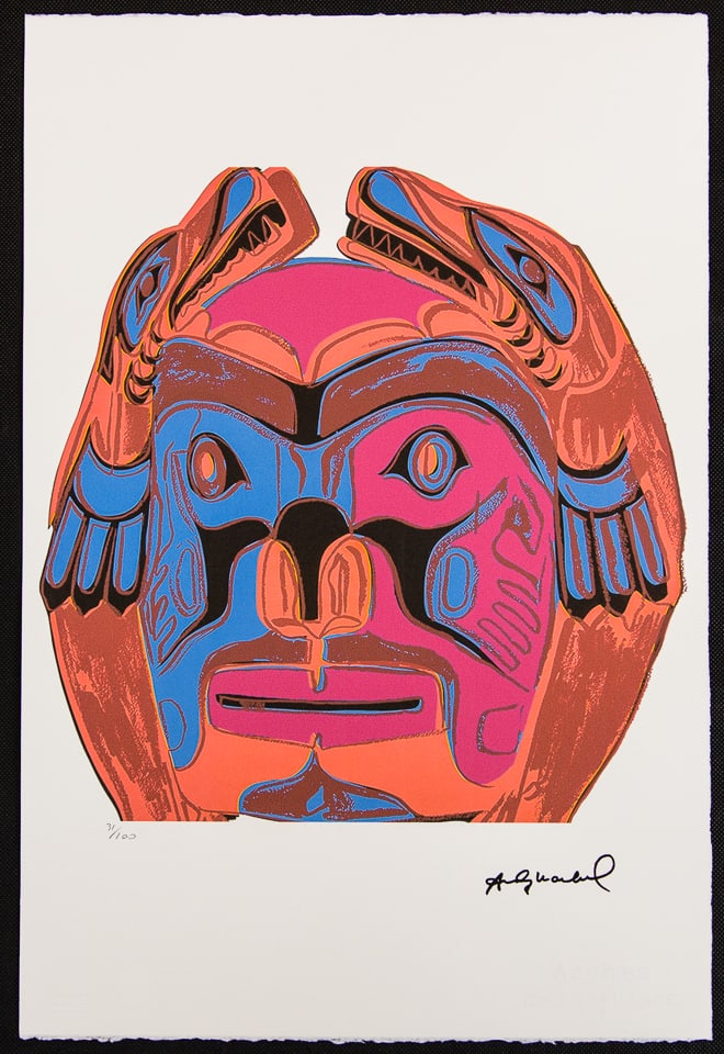 Andy Warhol 'Northwest Coast Mask': Andy Warhol (after) 'Northwest Coast Mask' offset lithograph in colors on Arches paper, sheet size 38,5 x 57 cm, plate signed bottom right, numbered with pencil, limited edition 31/100 (Leo Castelli, 