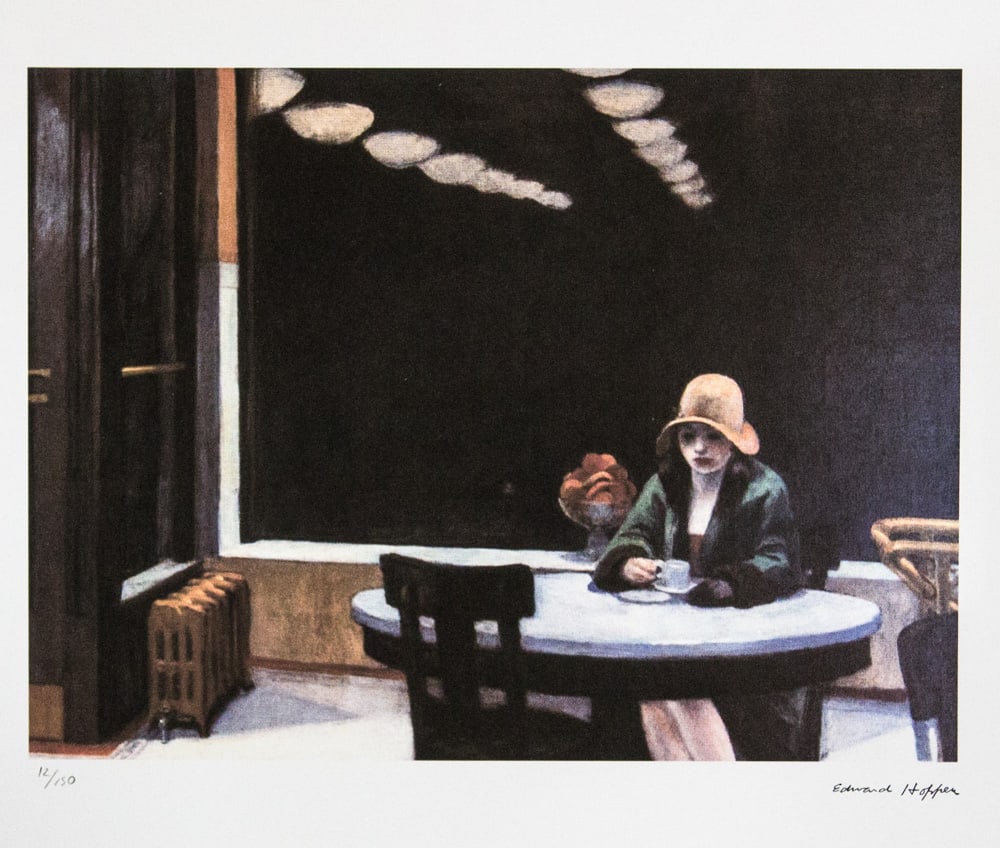 Edward Hopper 'Automat': Edward Hopper (after) 'Automat' limited edition 12/150, lithography print, plate signed bottom right, numbered with pencil bottom left, cotton paper Arches France, sheet size 38 x 57 cm, bottom left e