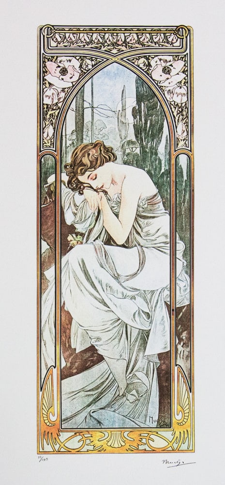 Alphonse Mucha 'Night's Rest': Alphonse Mucha (after) 'Night's Rest' lithography print, sheet size 50 x 70 cm, plate signed bottom right, numbered with pencil bottom left, limited edition 10/100, bottom left publishing house stamp