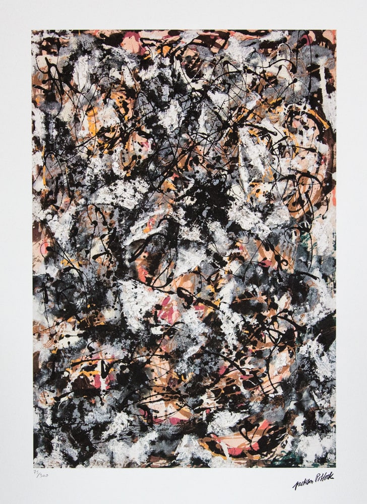 Jackson Pollock 'Composition with Red Strokes': Jackson Pollock (after) 'Composition with Red Strokes' lithography print, sheet size 50 x 70 cm, plate signed bottom right, numbered with pencil bottom left, limited edition 75/300, with embossing sta