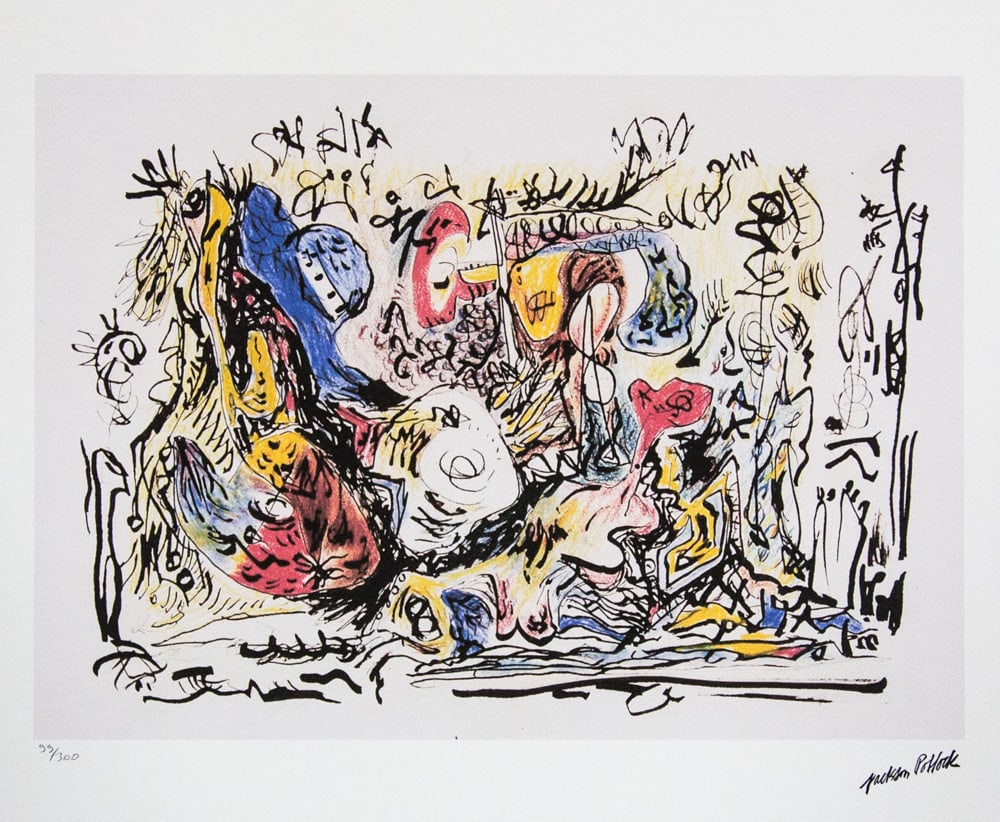 Jackson Pollock 'Untitled II (1945)': Jackson Pollock (after) 'Untitled II (1945)' lithography print, sheet size 50 x 70 cm, plate signed bottom right, numbered with pencil bottom left, limited edition 99/300, with embossing stamp 'SPADEM