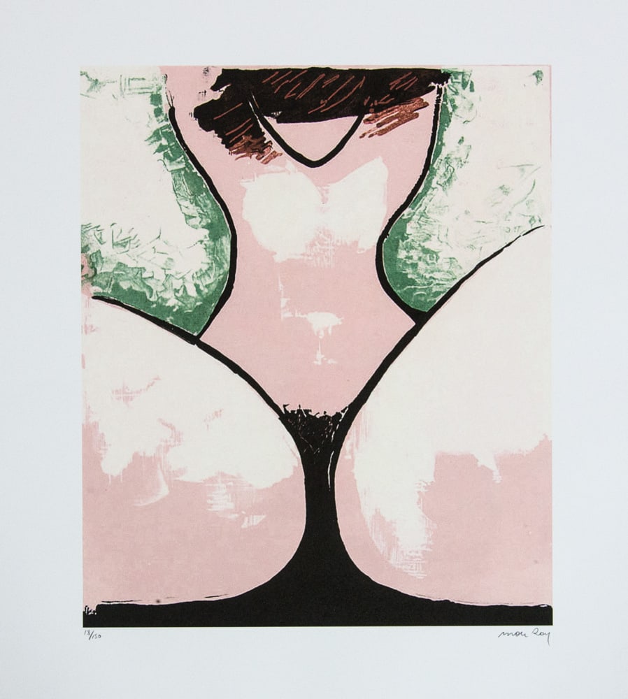 Man Ray 'La Vierge': Man Ray (after) 'La Vierge' lithography print, signed bottom right, numbered with pencil bottom left, limited edition 18/150, bottom right publishing house stamp 'Leonardo Artis', heavy paper with wat