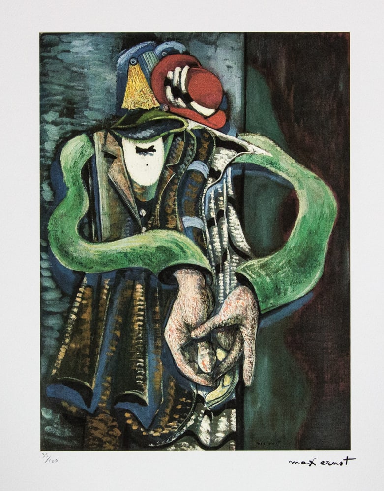 Max Ernst 'Le Couple ou l'Accolade': Max Ernst (after) 'Le Couple ou l'Accolade' lithography print, sheet size 50 x 70 cm, plate signed bottom right, numbered with pencil bottom left, limited edition 35/100, bottom left publishing house